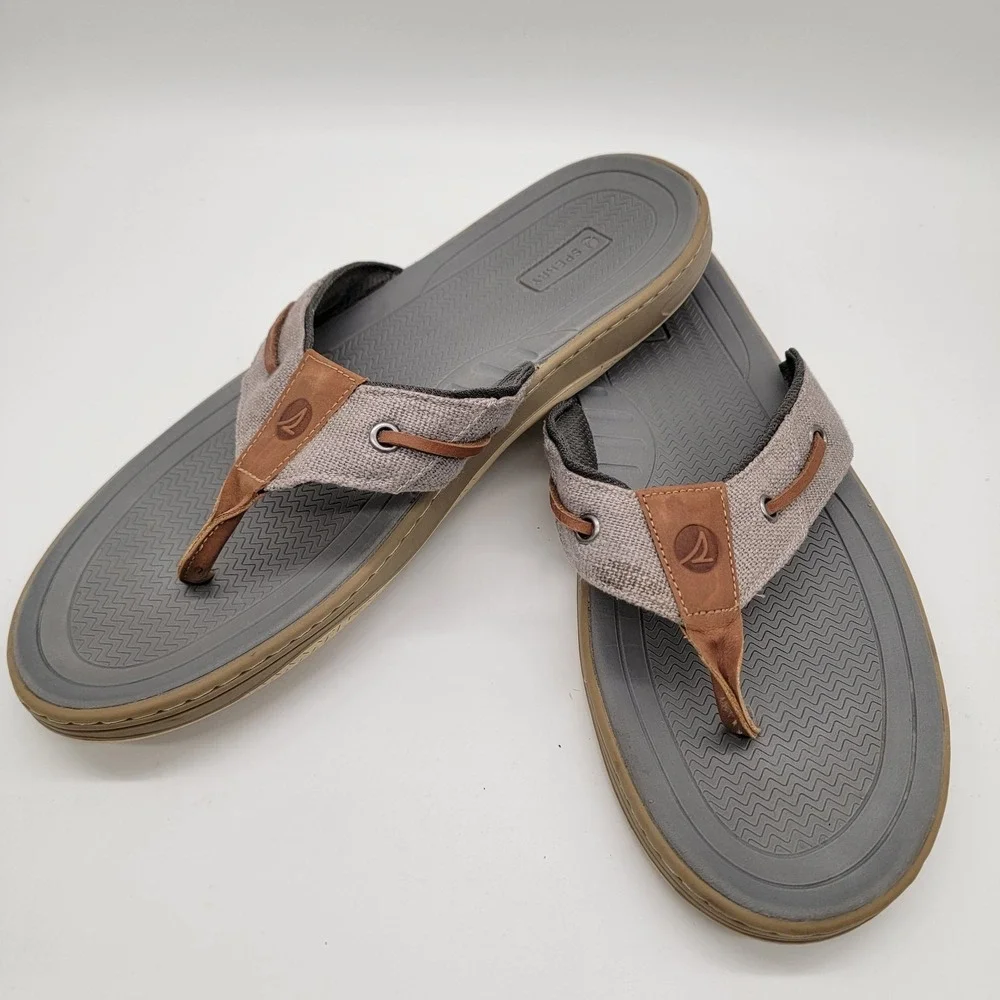Sperry Thong Flip Flop Tan Leather/Gray Canvas Sandals 13M Model STS25231
